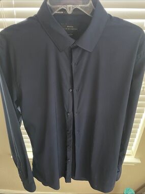 Zara Men's Large Dark Navy Blue Long-Sleeve Button Shirt